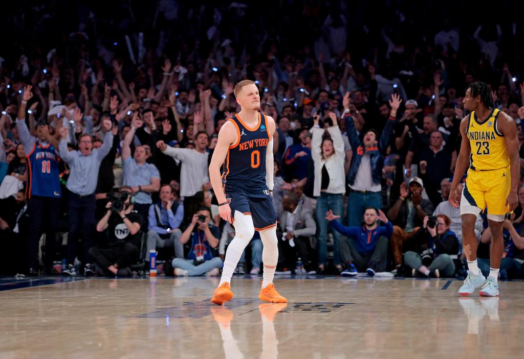 Donte DiVincenzo celebrates during the Knicks' Game 2 win over the Pacers on May 8, 2024. 