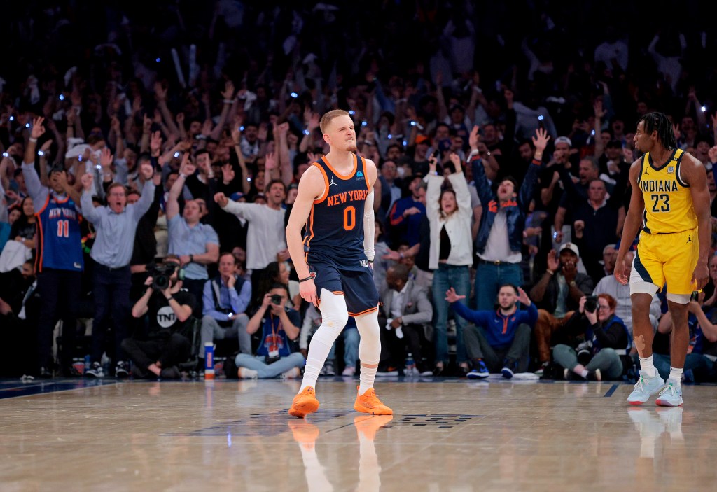 Donte DiVincenzo celebrates during the Knicks' Game 2 win over the Pacers on May 8, 2024. 