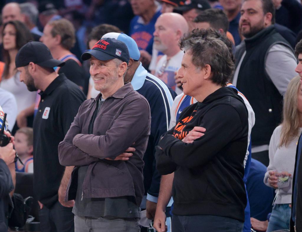 Jon Stewart and Ben Stiller courtside at the Garden on Sunday for Game 7 between the Knicks and Pacers.