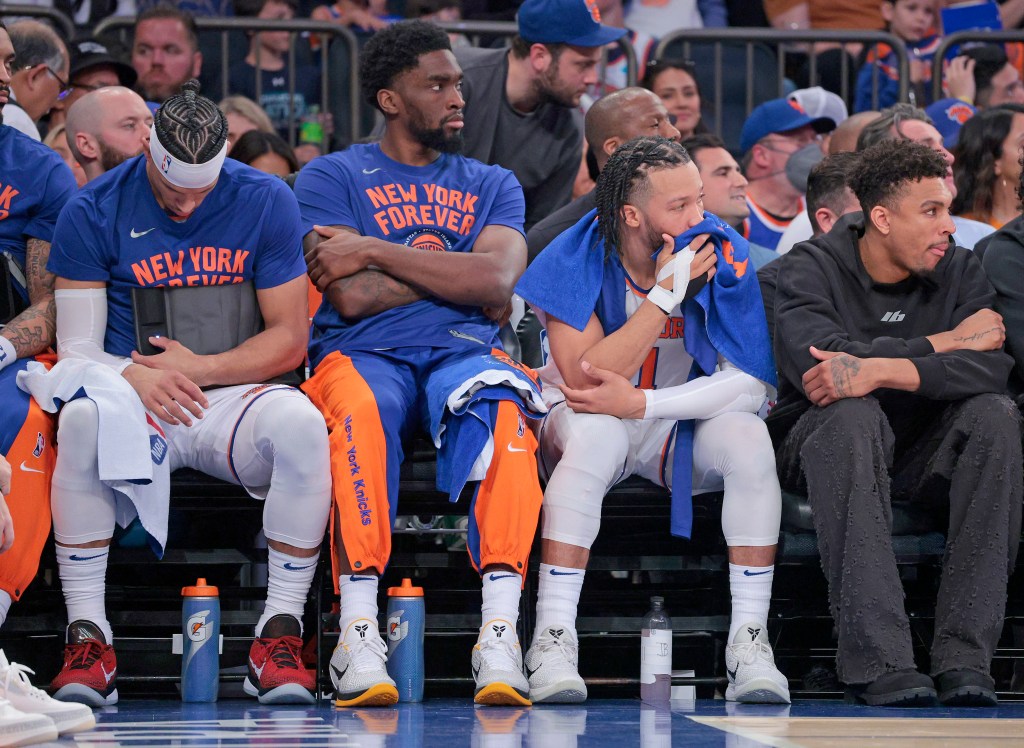 nicks guard Josh Hart #3 and New York Knicks guard Jalen Brunson #11 on the bench during the second quarter.