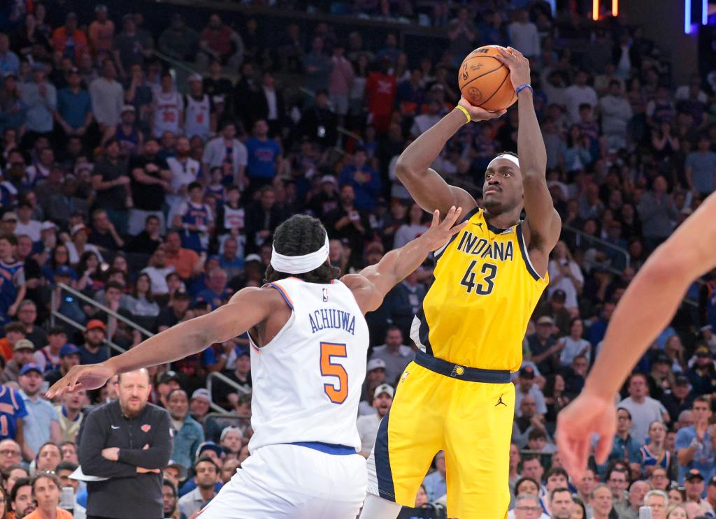 Pascal Siakam #43 puts up a shot as New York Knicks guard Miles McBride #2 is too late to defend during the third quarter.