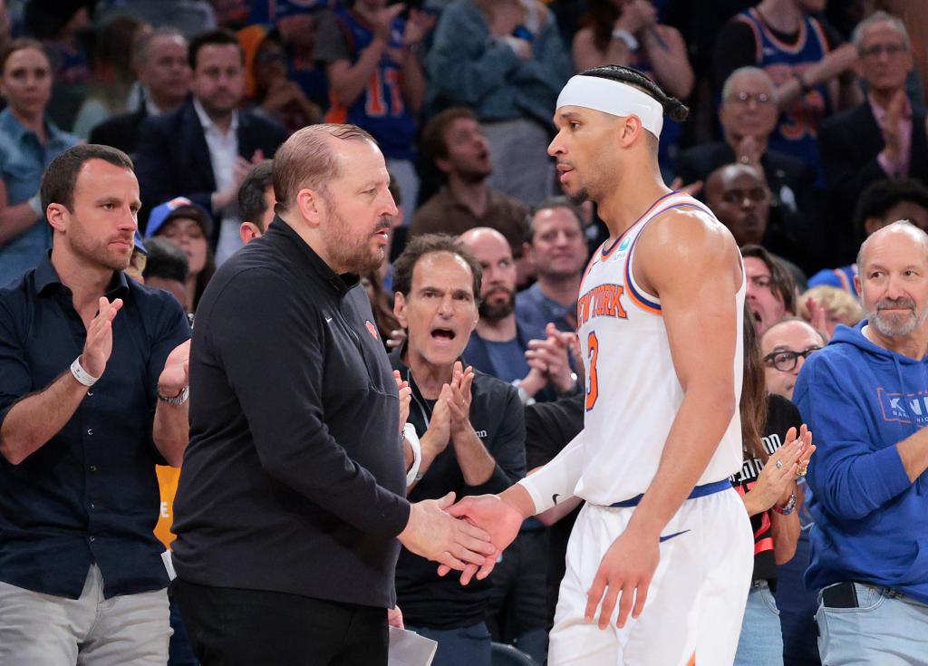 Knicks coach Tom Thibodeau greets Josh Hart in the fourth quarter during Sunday's Game 7 loss to the Pacers.