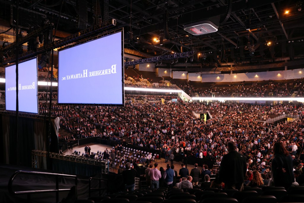 A large crowd of investors and guests filling the arena for the first in-person annual meeting of Berkshire Hathaway Inc in Omaha, Nebraska since 2019.