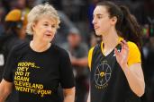 Longtime Iowa women's basketball coach Lisa Bluder (l.) retired Monday after coaching Caitlin Clark (r.) for four years.