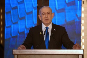 Israeli Prime Minister Benjamin Netanyahu addressing a ceremony on Memorial Day at Jerusalem's Mount Herzl military cemetery