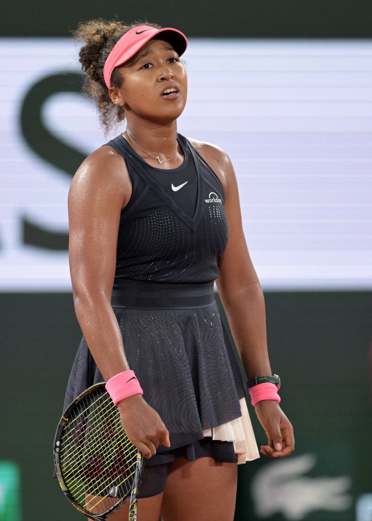 Naomi Osaka reacts during her French Open loss to Iga Swiatek on May 29, 2024.