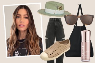 Actress Jessica Biel wearing a hat and sunglasses, promoting her new book and favorite products including a swimsuit, jeans, tote and recovery tools.