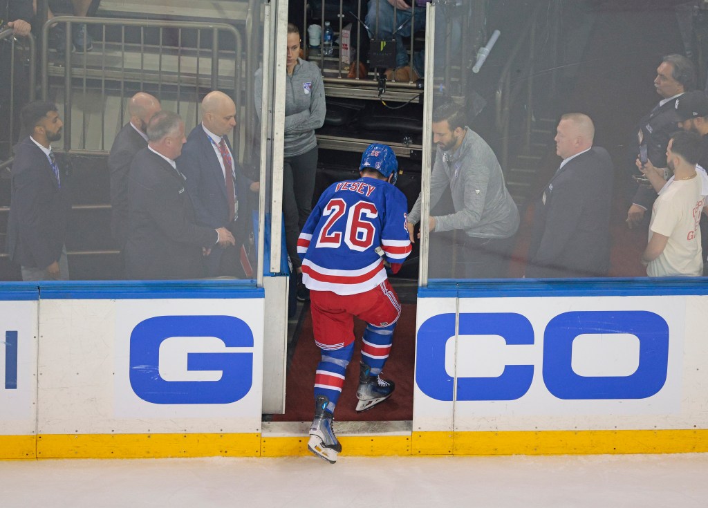 Jimmy Vesey #26 of the New York Rangers comes off the ice after an injury during the second period.