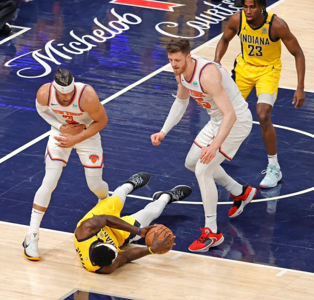 Josh Hart (3) of the Knicks suffered an ab strain during Game 6 against the Pacers.