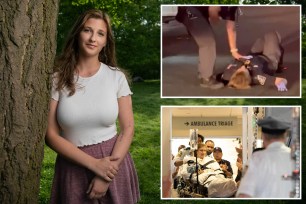 composite image: julia fatum today, left, posing in the park; upper right fatum on the ground as a colleague tries to stop the bleeding from her stab wound; lower right fatum on a stretcher being