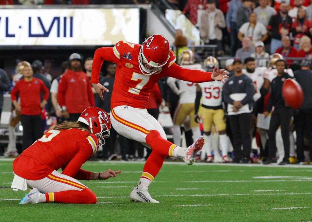 Harrison Butker kicks a field goal during the Super Bowl between the Chiefs and San Francisco 49ers at Allegiant Stadium in Las Vegas, Nevada on February 11, 2024.