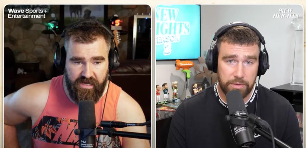 Jason Kelce and Travis Kelce during the May 1, 2024, episode of "New Heights."