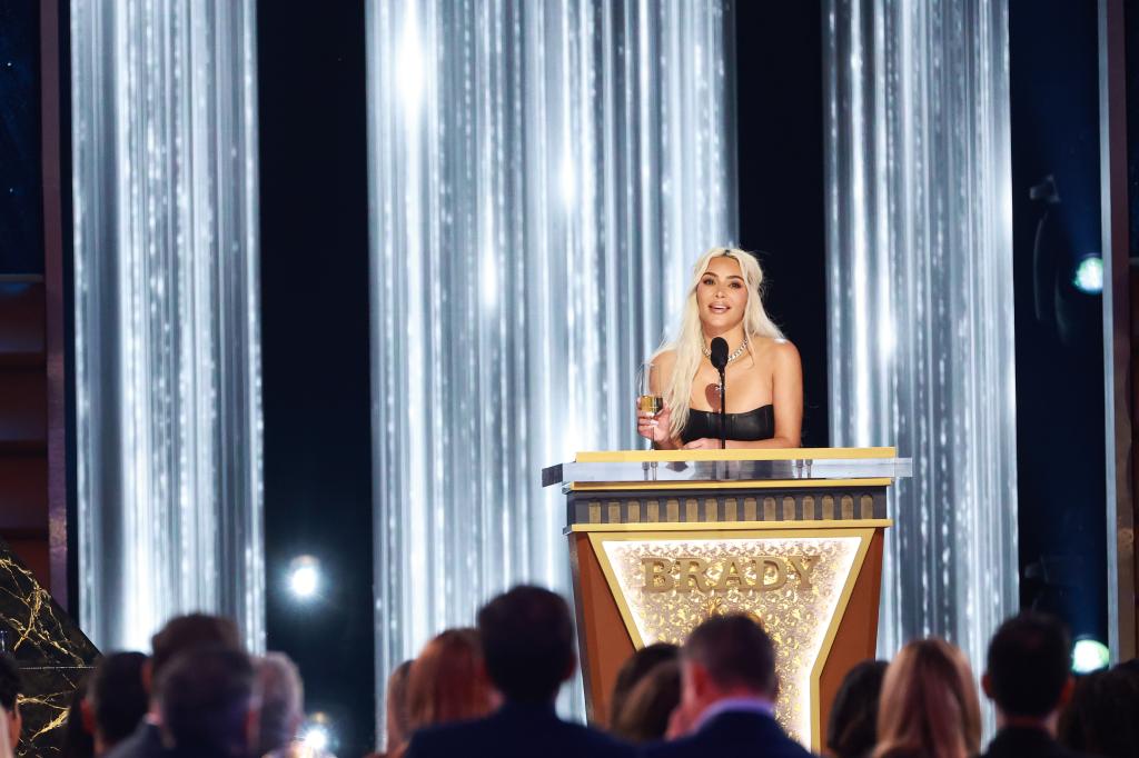 Kim Kardashian speaks onstage during "The Greatest Roast Of All Time: Tom Brady" on May 5