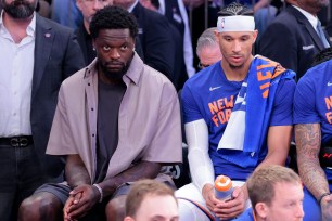 Indiana Pacers vs. New York Knicks at Madison Square Garden - New York Knicks forward Julius Randle #30 and New York Knicks guard Josh Hart #3 on the bench during the fourth quarter. The Indiana Pacers defeated the New York Knicks 130-109 to advance to the Eastern Conference Finals.
