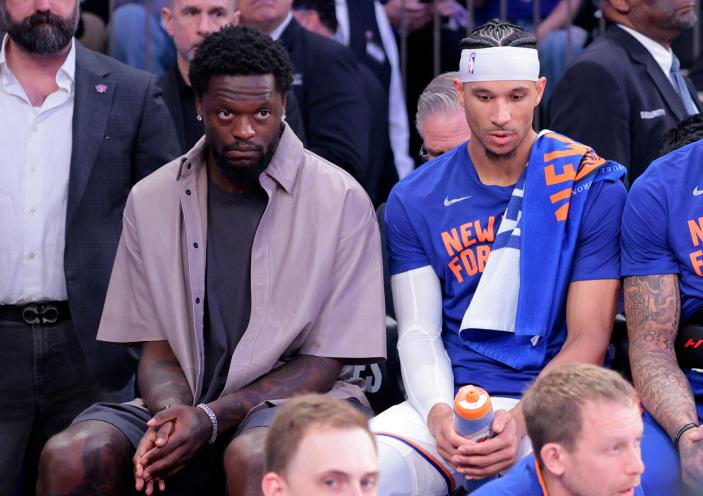 Indiana Pacers vs. New York Knicks at Madison Square Garden - New York Knicks forward Julius Randle #30 and New York Knicks guard Josh Hart #3 on the bench during the fourth quarter. The Indiana Pacers defeated the New York Knicks 130-109 to advance to the Eastern Conference Finals.