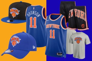 A group of basketball uniforms and hats related to the Knicks