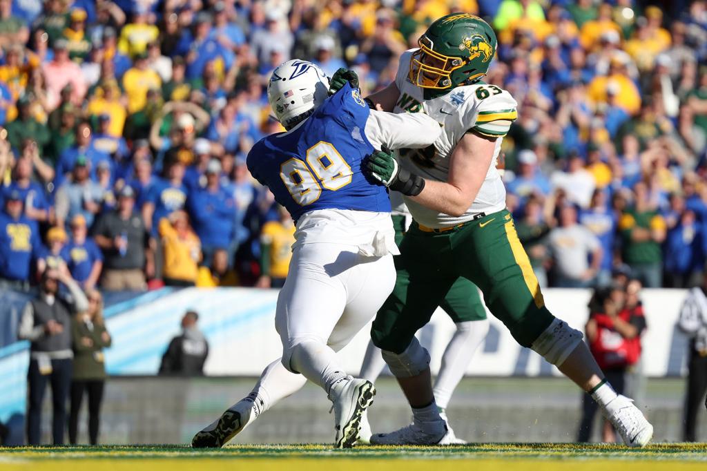 Jake Kubas #63 of the North Dakota State Bison blocks Caleb Sanders #99 of the South Dakota State Jackrabbits in the Division I FCS Football Championship held at Toyota Stadium on January 8, 2023 in Frisco, Texas. 