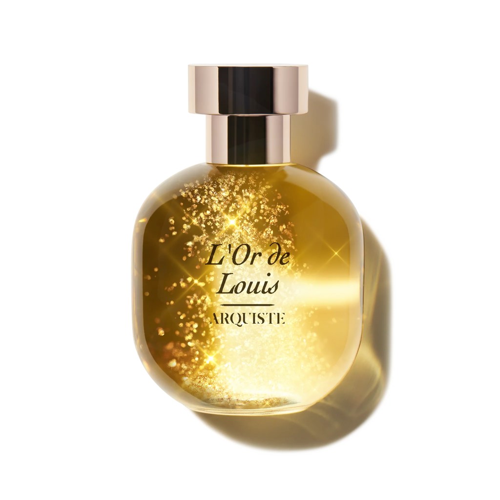 A bottle of 'LâOr de Louis' eau de parfum with gold liquid, priced $245, available at Arquiste.com