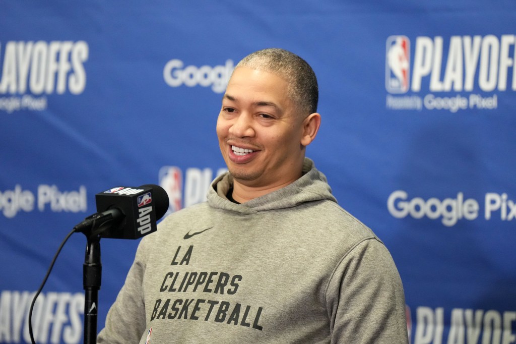 Clippers coach Tyronn Lue at a press conference during game five of the first round for the 2024 NBA playoffs at Crypto.com Arena.  