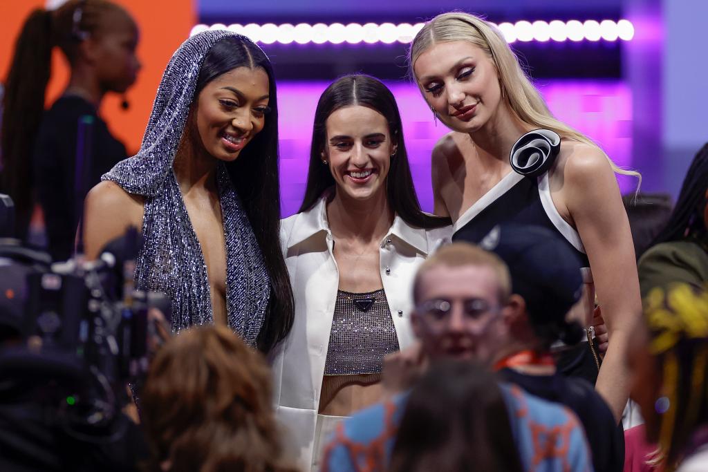 Angel Reese, Caitlin Clark and Cameron Brink at hte WNBA draft.