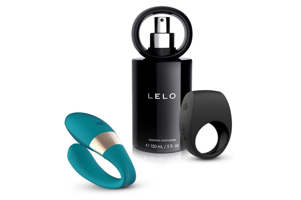 Two black bottles with blue rings from the Lelo bundle