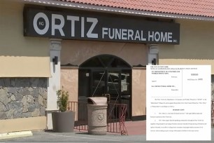 Signage for RG Ortiz Funeral Home on a building, with the cover of a lawsuit embedded.