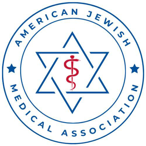 Logo for the American Jewish Medical Association featuring a blue star with a medical symbol