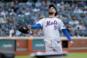 New York Mets relief pitcher Jorge Lopez throws his glove after being taken out of game against the Los Angeles Dodgers in the eighth inning at Citi Field in Queens, New York, USA, Wednesday, May 29, 2024.