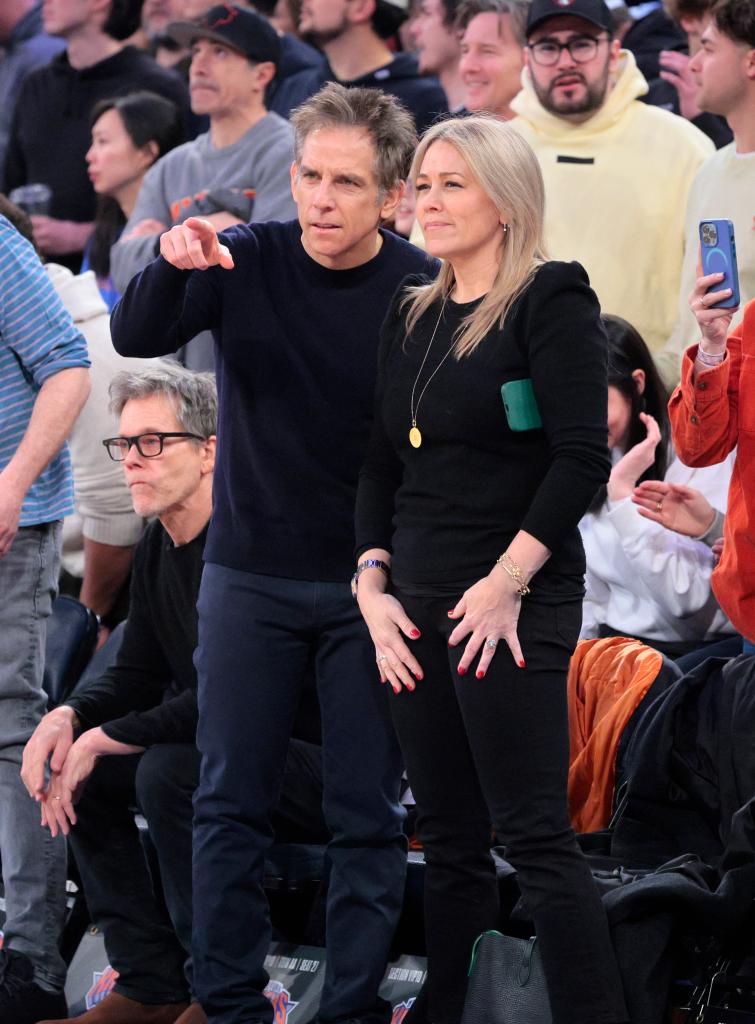 Ben Stiller and Christine Taylor at an NBA game on February 3, 2024