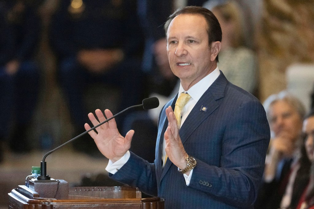 Louisiana Gov. Jeff Landry addresses members of the House and Senate on opening day of a legislative special session focusing on crime, Monday, Feb. 19, 2024