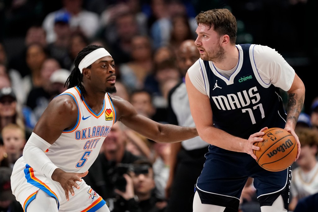 Luka Doncic (right) struggled in Game 1 against Oklahoma City.