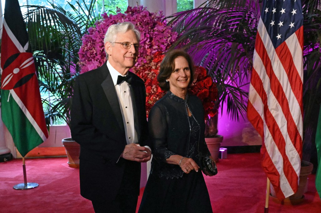 US Attorney General Merrick Garland (L) and Lynn Rosenman Garland arrive at the Booksellers Room of the White House on the occasion of the State Dinner with the Kenyan president at the White House in Washington, DC, on May 23, 2024