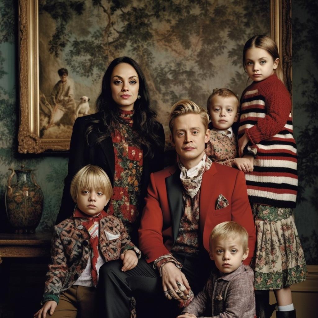 Macaulay Culkin and Mila Kunis with four AI-generated children.