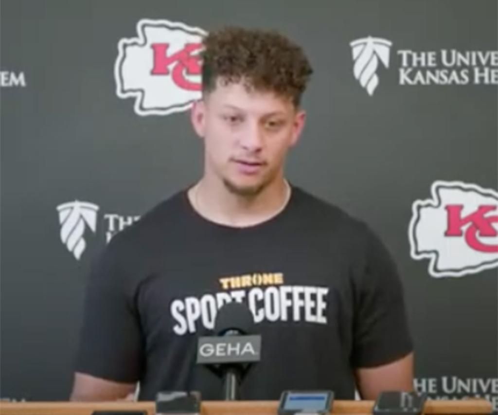 Patrick Mahomes answers a question about Harrison Butker's controversial commencement  speech during a press conference on May 22, 2024 in Kansas City, Missouri. 