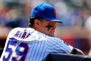 New York Mets pitcher Sean Manaea (59) looks out of the dugout during the third inning of baseball game against the Chicago Cubs at Citi Field. Wednesday, May 2, 2024 in New York.