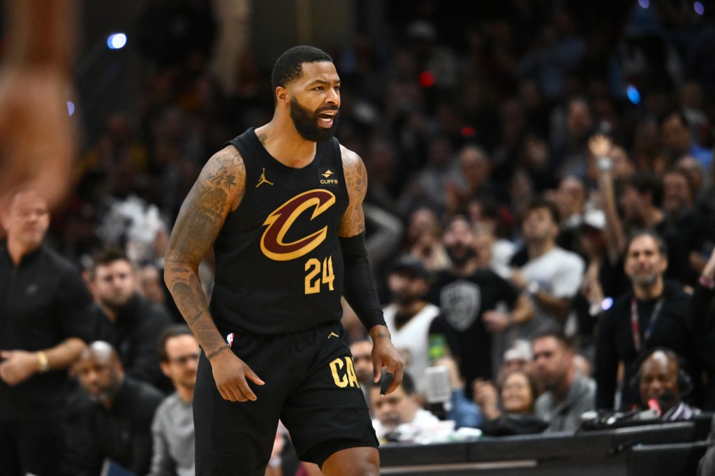 Marcus Morris Sr. #24 of the Cleveland Cavaliers celebrates after scoring during the fourth quarter of game five of the Eastern Conference First Round Playoffs against the Orlando Magic at Rocket Mortgage Fieldhouse on April 30, 2024 in Cleveland, Ohio. 
