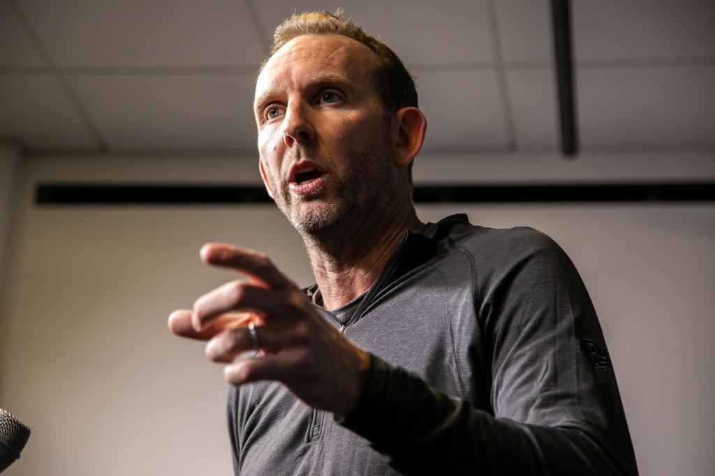 Sean Marks, general manager of the Brooklyn Nets, speaks during a press conference on Tuesday, February 20, 2024 at the Nets training facility in the Brooklyn borough of New York City. After firing head coach Jacque Vaughn, the Nets promoted Kevin Ollie to interim head coach. 