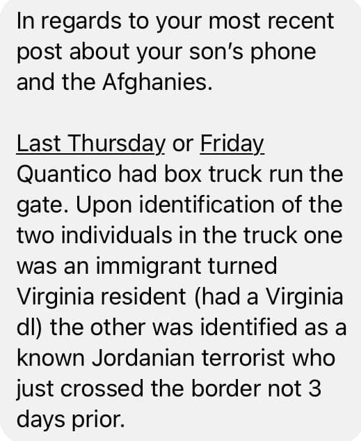 Message received by Matt Strickland about two Jordanians who tried to breach Quantico