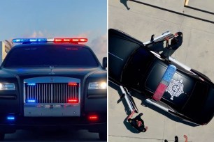 Miami PD Rolls-Royce from front, left; at right, overhead shot of the car with officers getting out