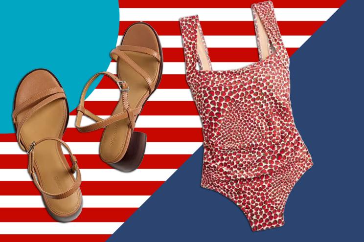 Abstract painting background featuring varying shapes and textures with a pair of sandals and a swimsuit depicted