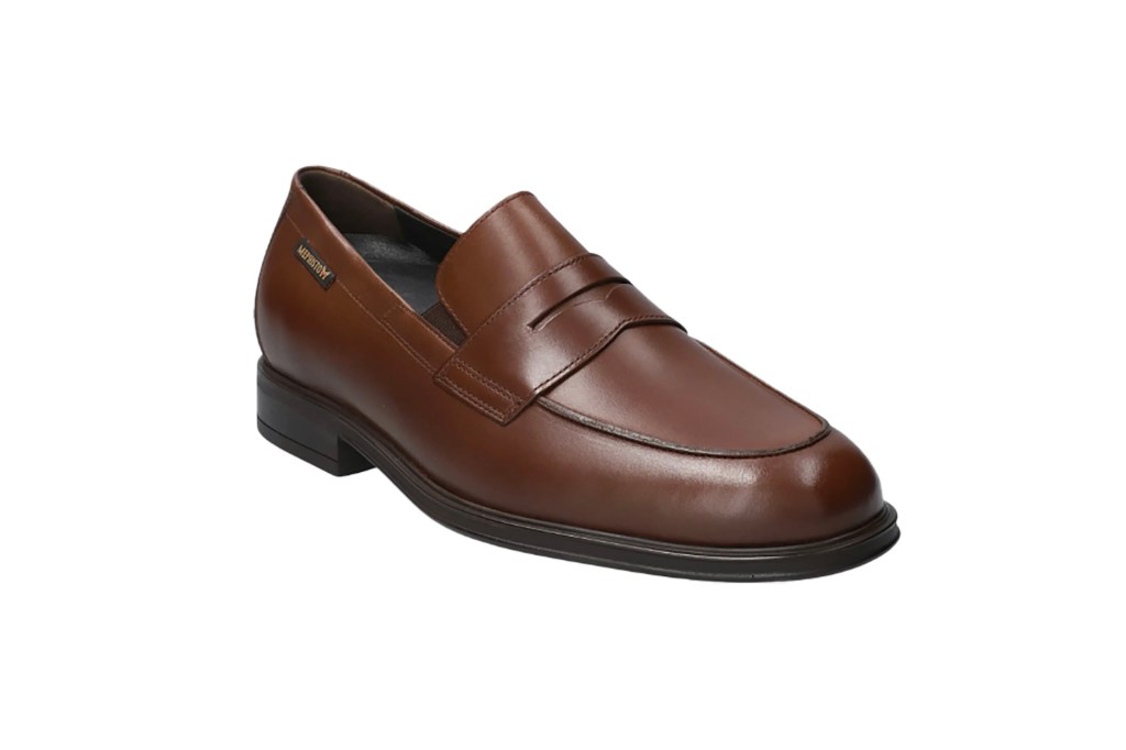 A brown loafer with a black sole