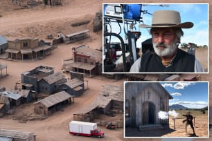 This aerial photo shows the Bonanza Creek Ranch in Santa Fe, New Mexico, Oct. 23, 2021, used for the film "Rust."