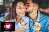 Couple on an ice cream date and the Tinder logo