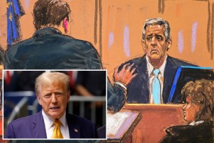 Michael Cohen is cross examined by defense lawyer Todd Blanche during former U.S. President Donald Trump's criminal trial on charges that he falsified business records to conceal money paid to silence porn star Stormy Daniels in 2016, in Manhattan state court in New York City, U.S. May 14, 2024 in this courtroom sketch