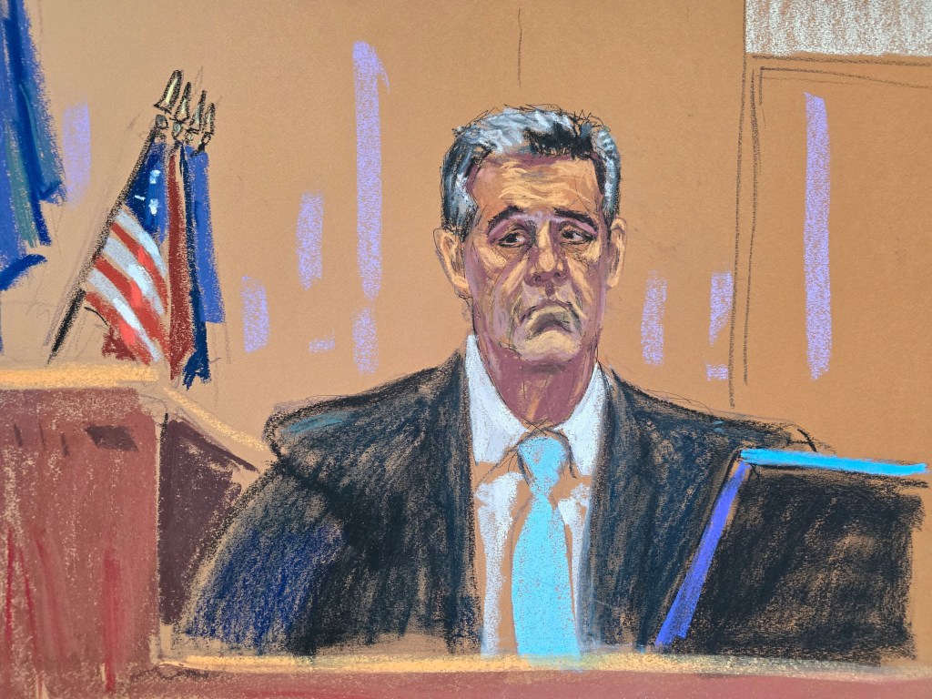 Michael Cohen testifies during former U.S. President Donald Trump's criminal trial on charges that he falsified business records to conceal money paid to silence porn star Stormy Daniels in 2016, in Manhattan state court in New York City, U.S. May 14, 2024 in this courtroom sketch.