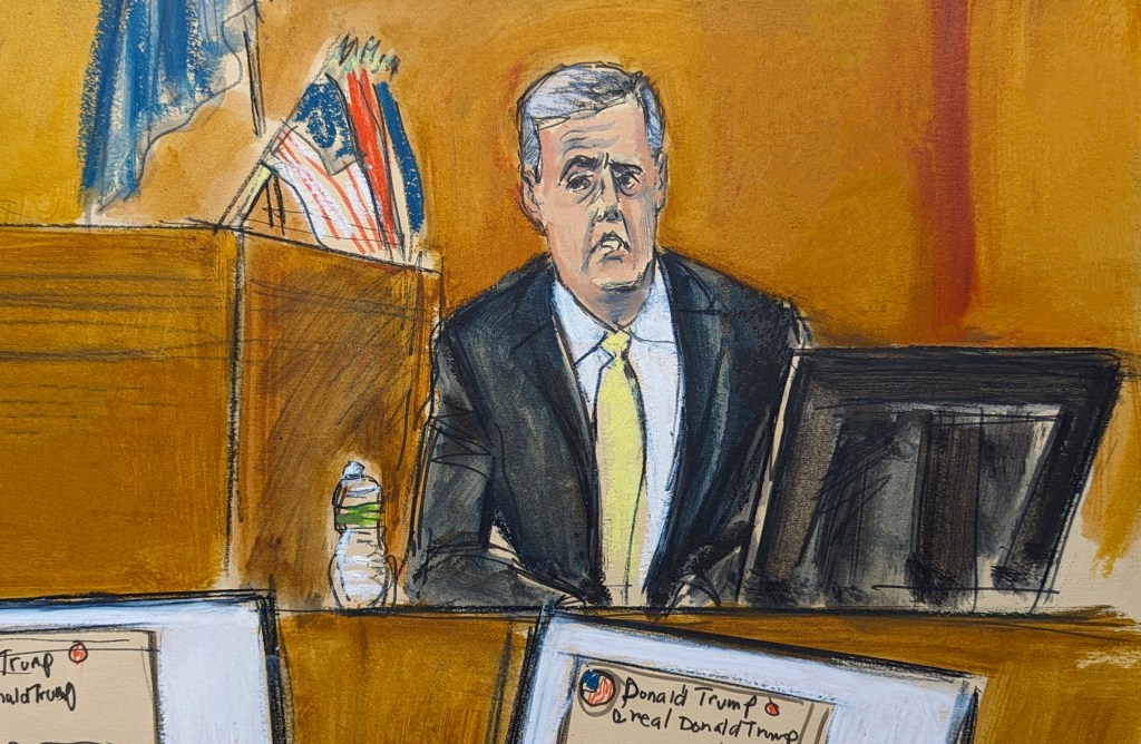 Michael Cohen testifying during Donald Trump's hush money trial in Manhattan criminal court, New York, 2024