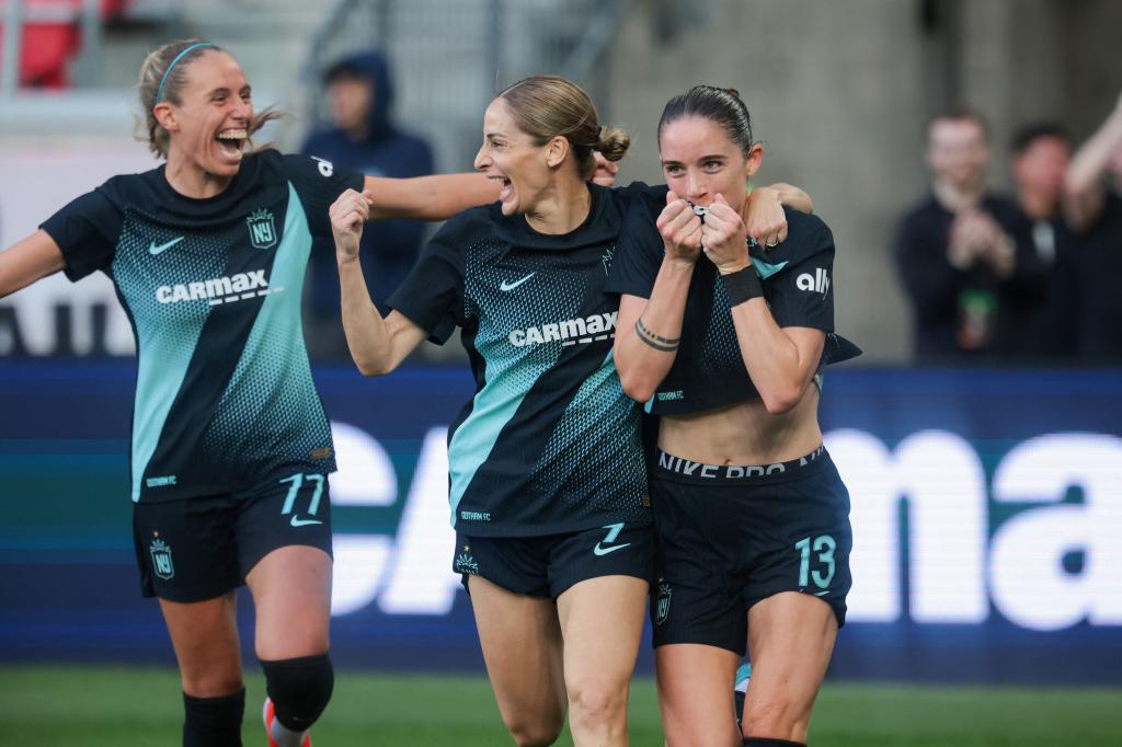 Gotham FC forward Esther Gonzalez (9) and midfielder Maitane Lopez (77) celebrate forward Ella Stevens (13) goal in the second half against Chicago Red Stars at Red Bull Arena. 