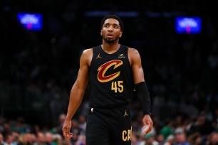 Donovan Mitchell #45 of the Cleveland Cavaliers reacts during the fourth quarter against the Boston Celtics in Game Two of the Eastern Conference Second Round Playoffs at TD Garden on May 09, 2024 in Boston, Massachusetts.