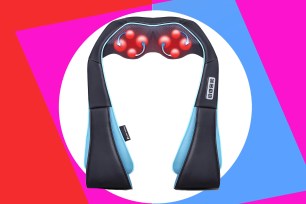 Black and blue neck massager with red balls