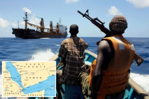 Two African people on a ship, with one holding a machine gun. Inset is a map of Saudi Arabia, Yemen, Ethiopia and the Gulf of Aden.